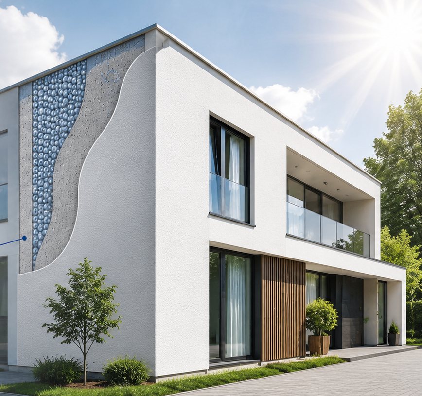 Saniertes Wohnhaus mit sichtbarem Schichtaufbau der Fassadenbeschichtung